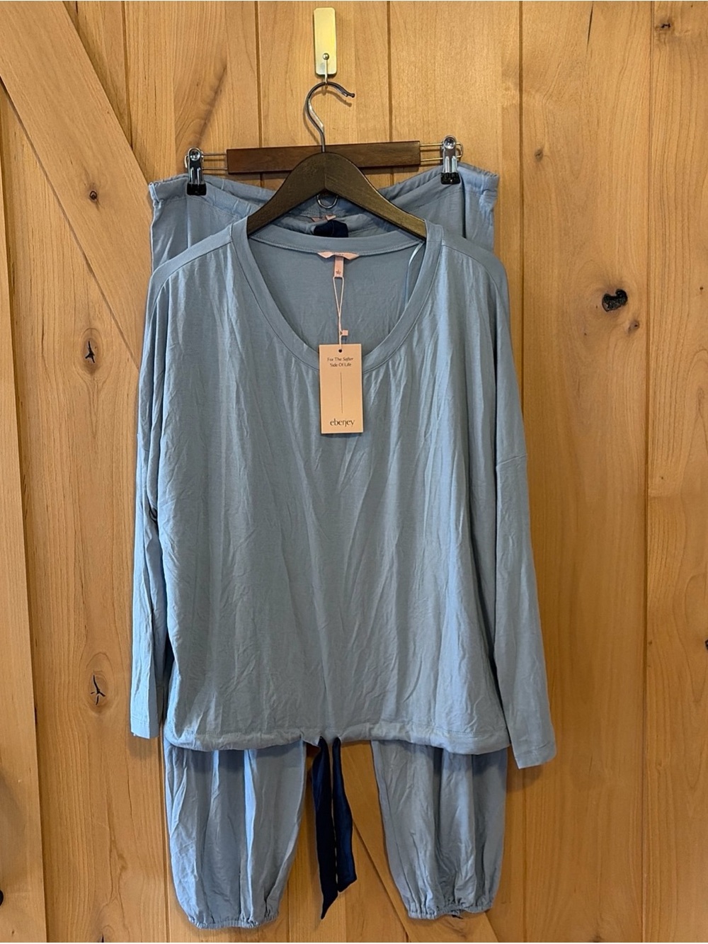 Eberjey Lounge PJ Set Womens M Gisele Slouchy Top Pants Pale Blue Cozy Tie NWT